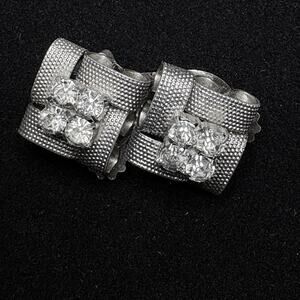 Vintage Silver Tone Clip-On Earrings w/ Rhinestones Thimble Texture Bow Design